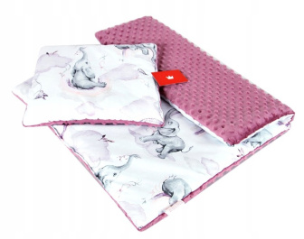 Vankúšik + deka do kočíka minky - sloník/ ružová