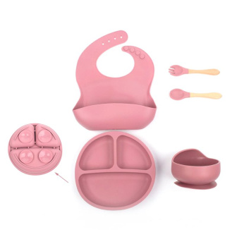 Silikónová jedálenská súprava pre deti 5 ks - púdrovo ružová