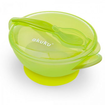 Detská cestovná miska s prísavkou, víkom a lyžičkou zelená