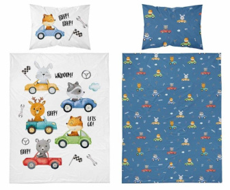 Obliečky do postieľky bavlnené 100x135 cm - zvieratká v autíčku