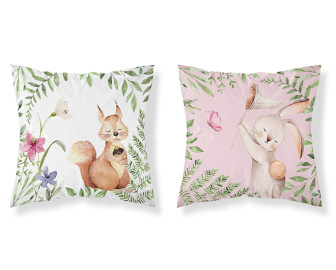 Detské obliečky na vankúš 40x40 cm - Veverička a zajačik / ružová