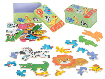 Puzzle v plechovej krabičke - zvieratká safari