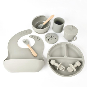Silikónová jedálenská súprava pre deti 10 ks - šedá