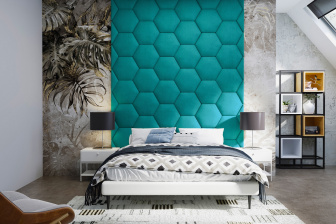 Čalúnený nástenný panel plot Hexagon 30 x 26 x 5 cm zelenomodrá